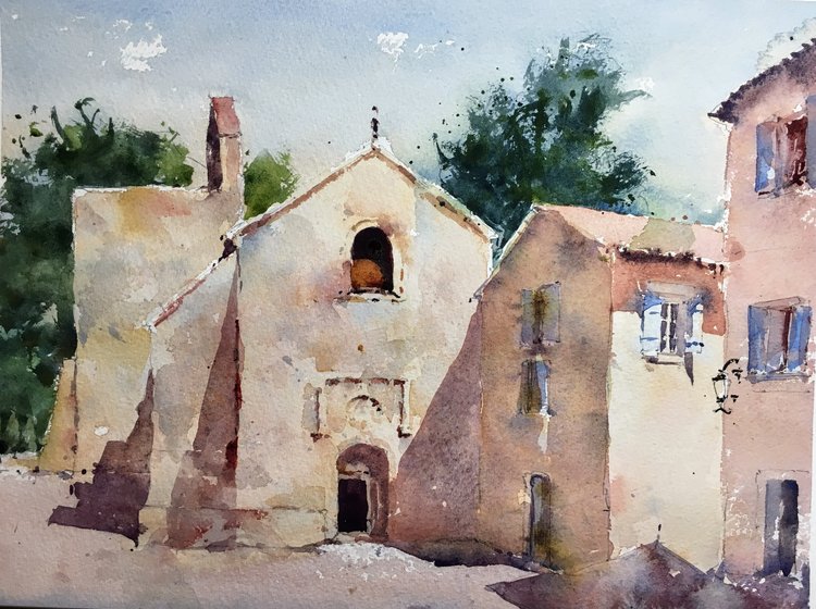 French Village Original Watercolor Painting Michele Clamp Art