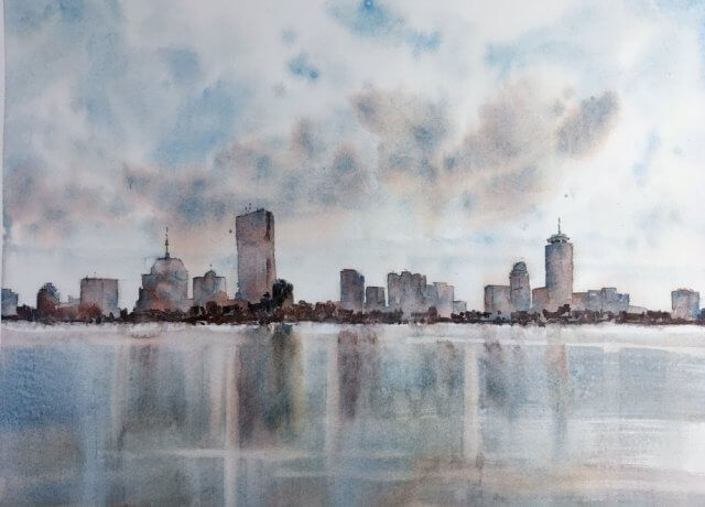 Boston skyline watercolor painting by Michele Clamp