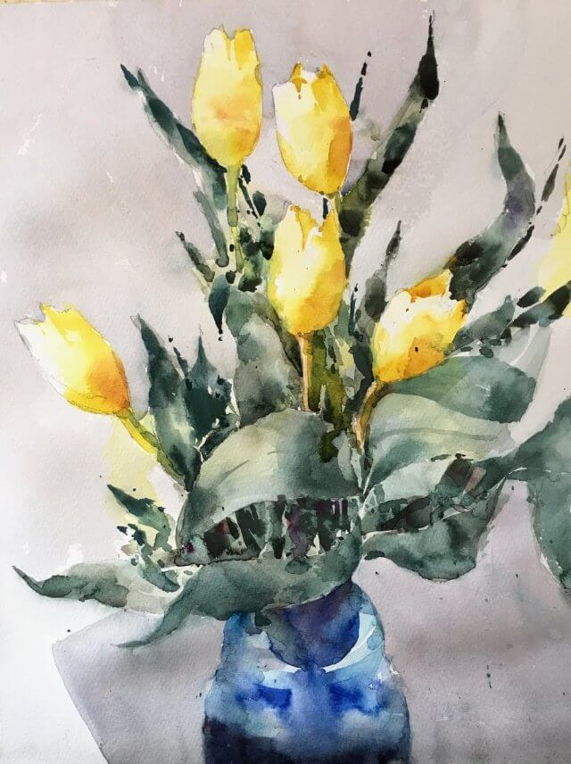 Yellow tulips watercolor painting by Michele Clamp