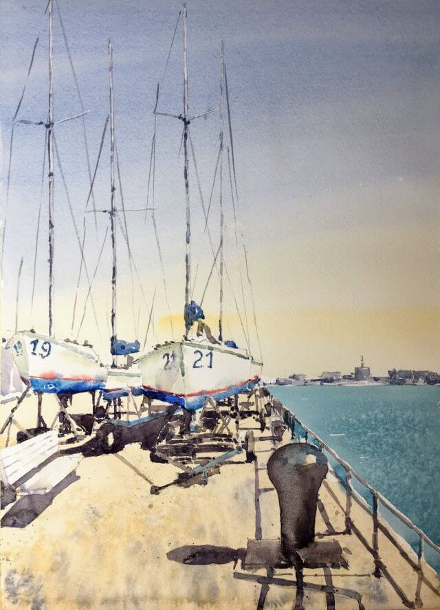 Boats at Boston Harbor watercolor painting by Michele Clamp