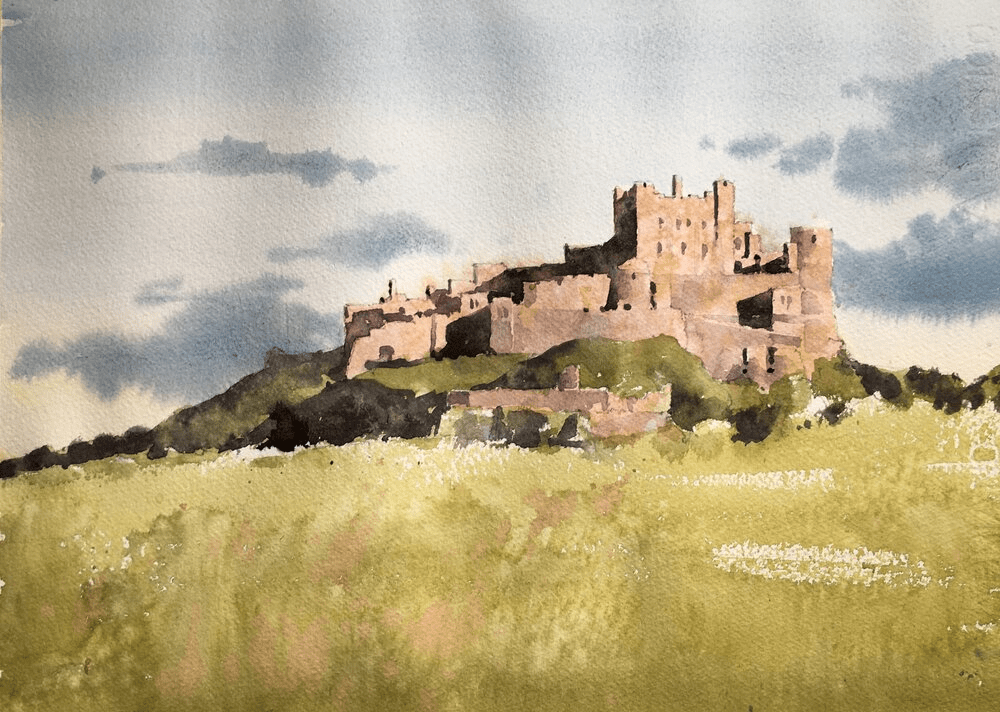 Bamburgh castle watercolor painting by Michele Clamp