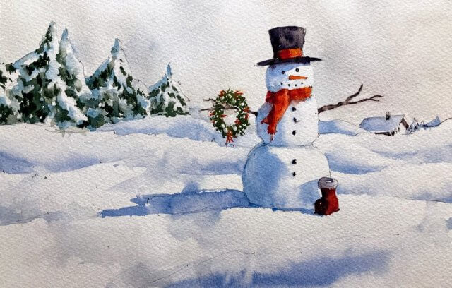 Snowman watercolor painting by Michele Clamp
