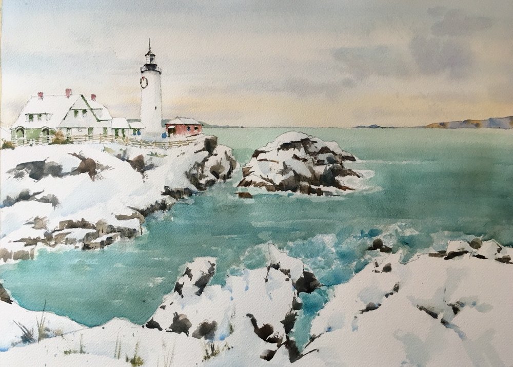 Portland head lighthouse. Michele Clamp. Watercolor. 13”x19”.