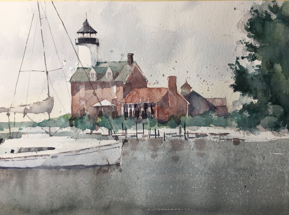 Morgan Point Light. Michele Clamp. Watercolor. 11“X14”