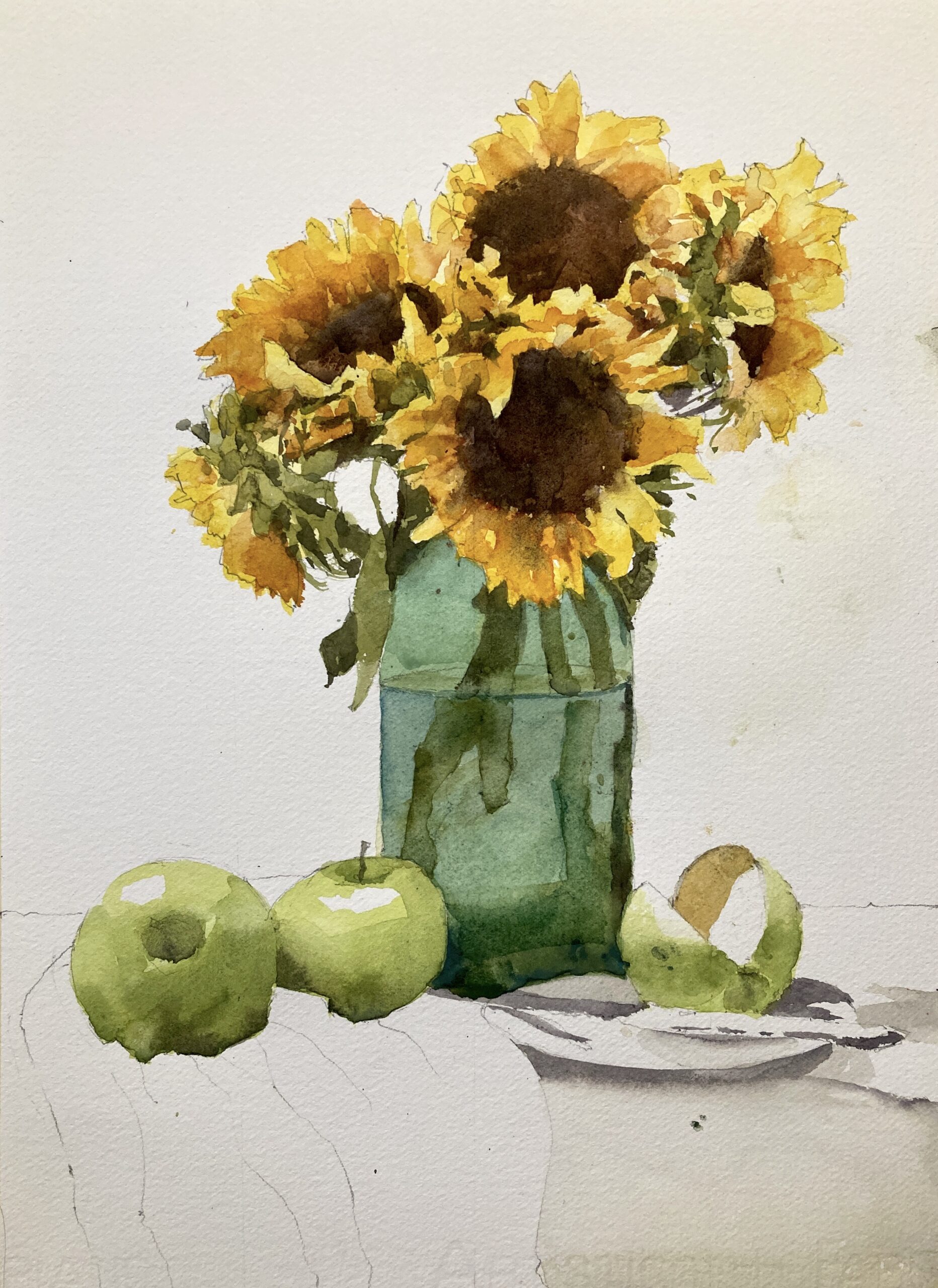 sunflowers with apples watercolor painting by Michele Clamp