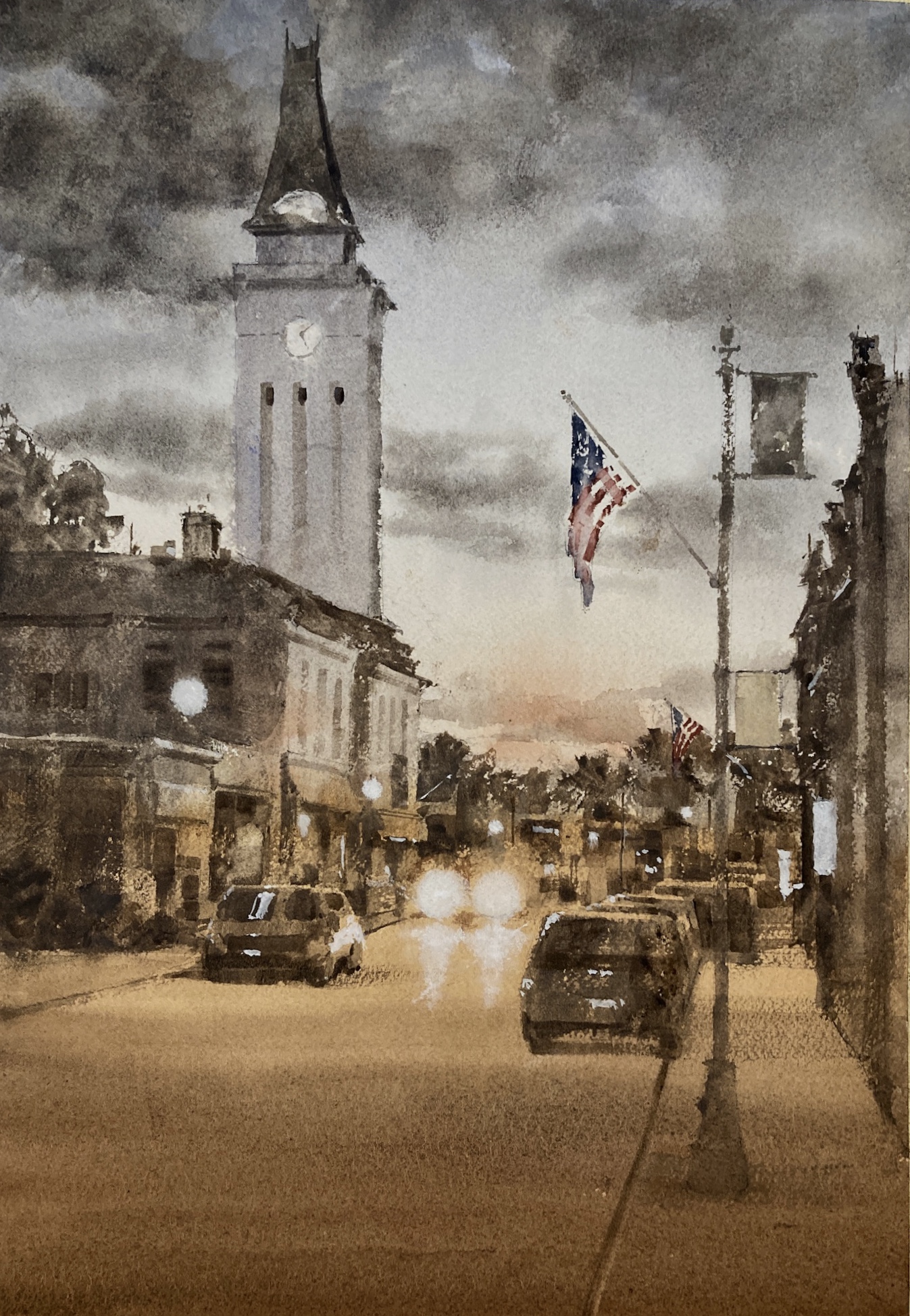 Watercolor Cityscape – Main Street at Dusk