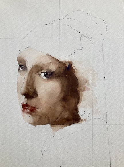 watercolor study of Vermeers girl with a pearl earring by Michele Clamp
