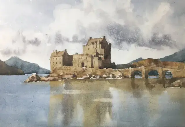 Eilean Donan Castle watercolor painting by Michele Clamp