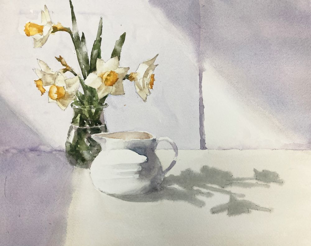 Watercolor daffodils still life