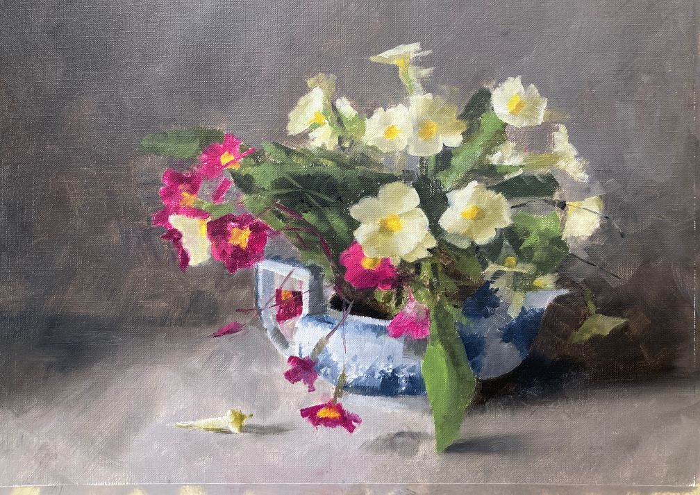 Alla prima primroses oil painting by Michele Clamp