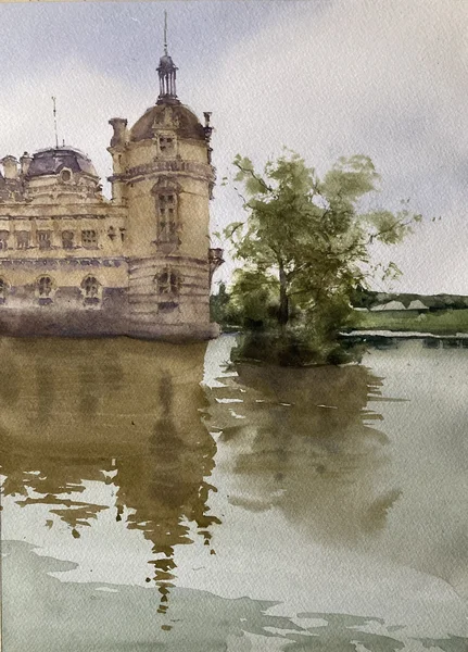 French Chateau Original Watercolor Painting