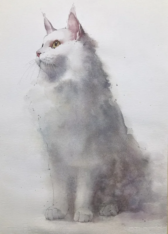 White Cat Original Watercolor Painting