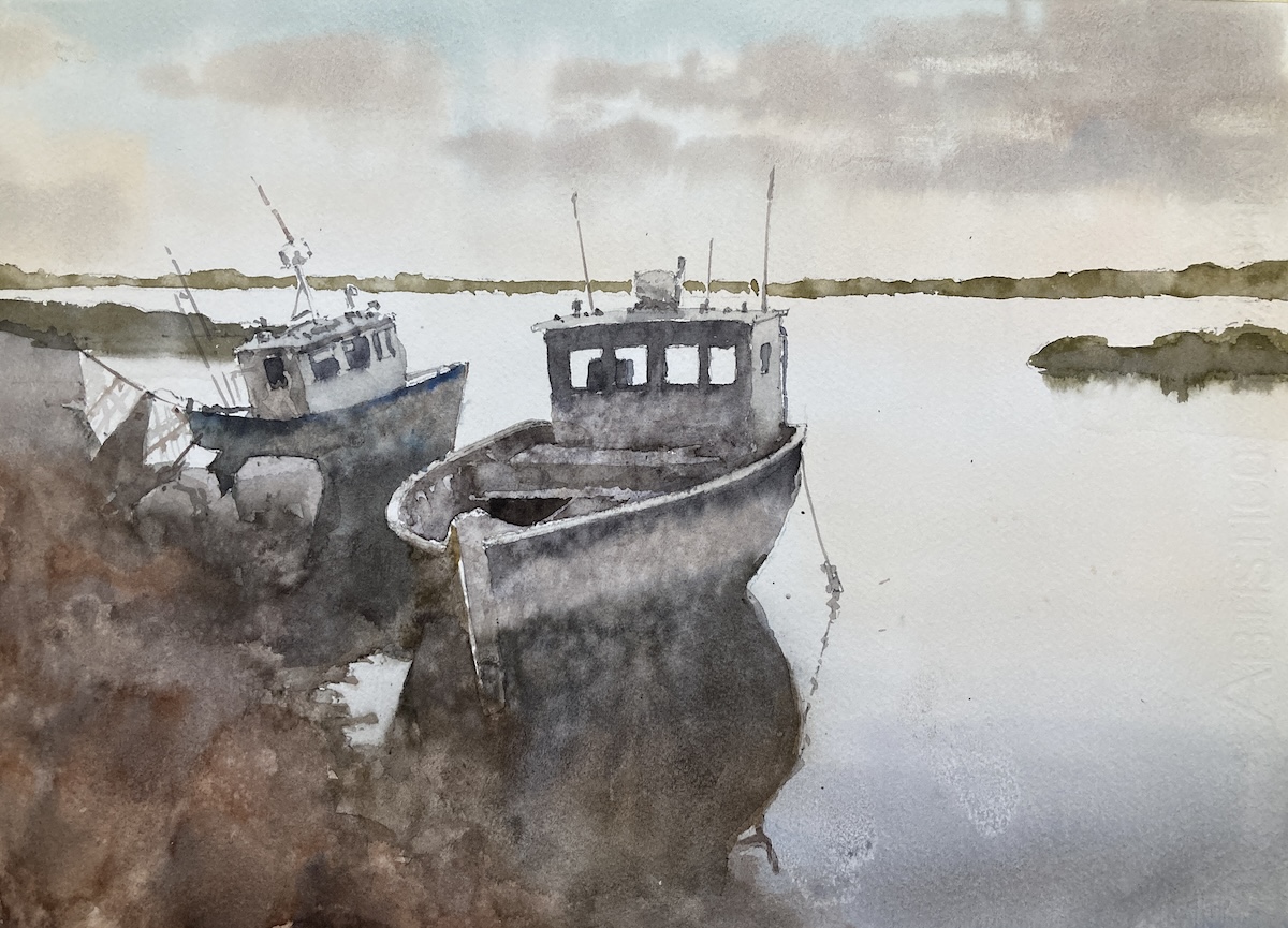 New England Fishing Boats – Early Morning – Original Watercolor Painting