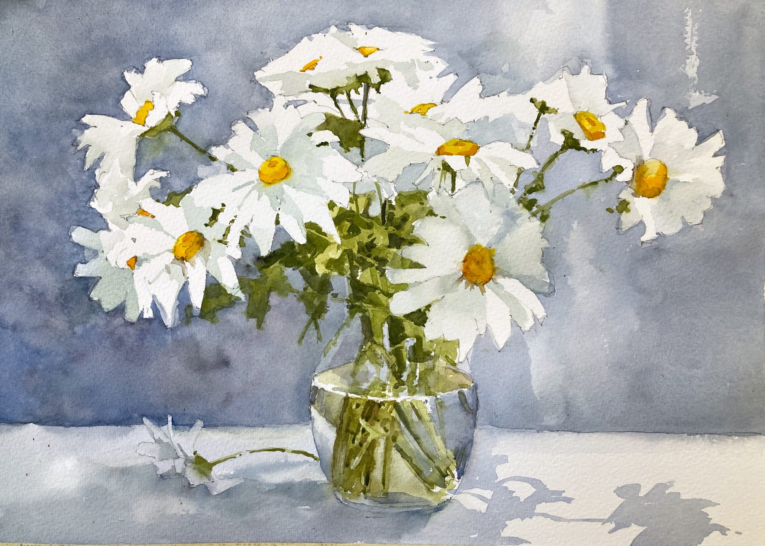 Daisies on Blue Original Watercolor Painting