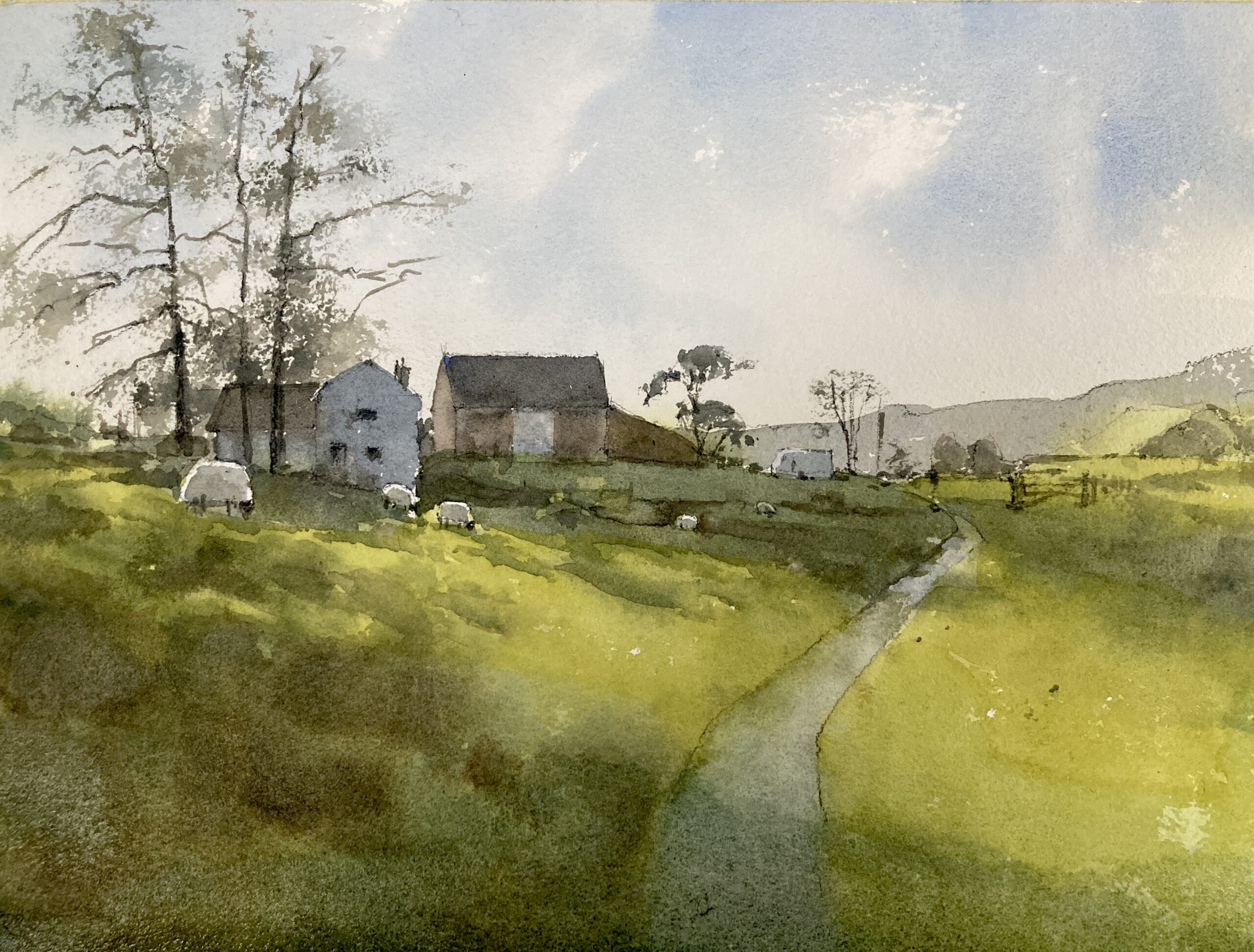 Evening Landscape with Sheep Watercolor Painting